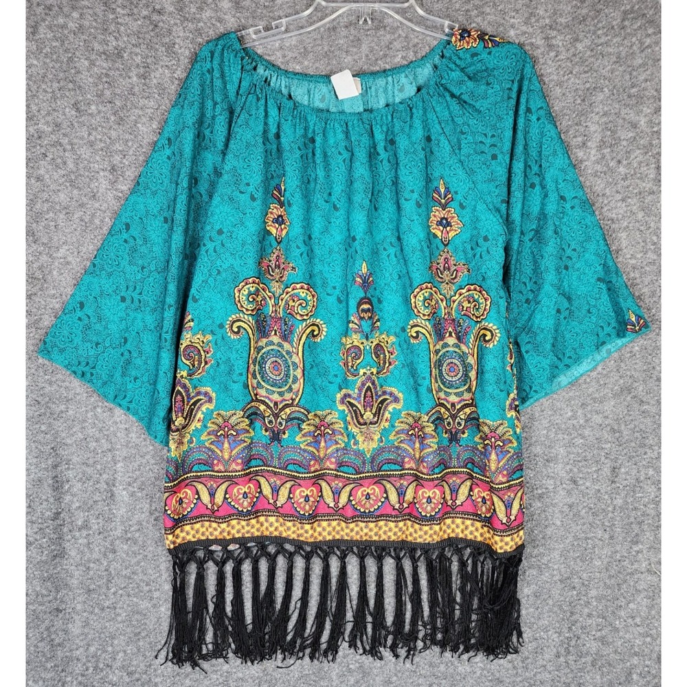 R Rouge Blouse Womens S T-2583 Teal Paisley Fringe Bell Sleeve EUC